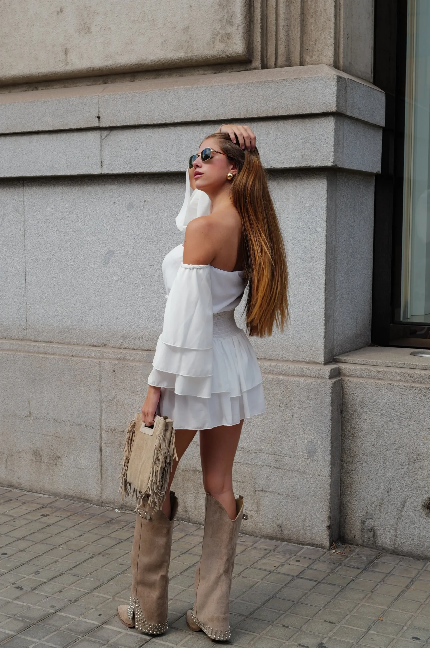 Bolso piel flecos beige