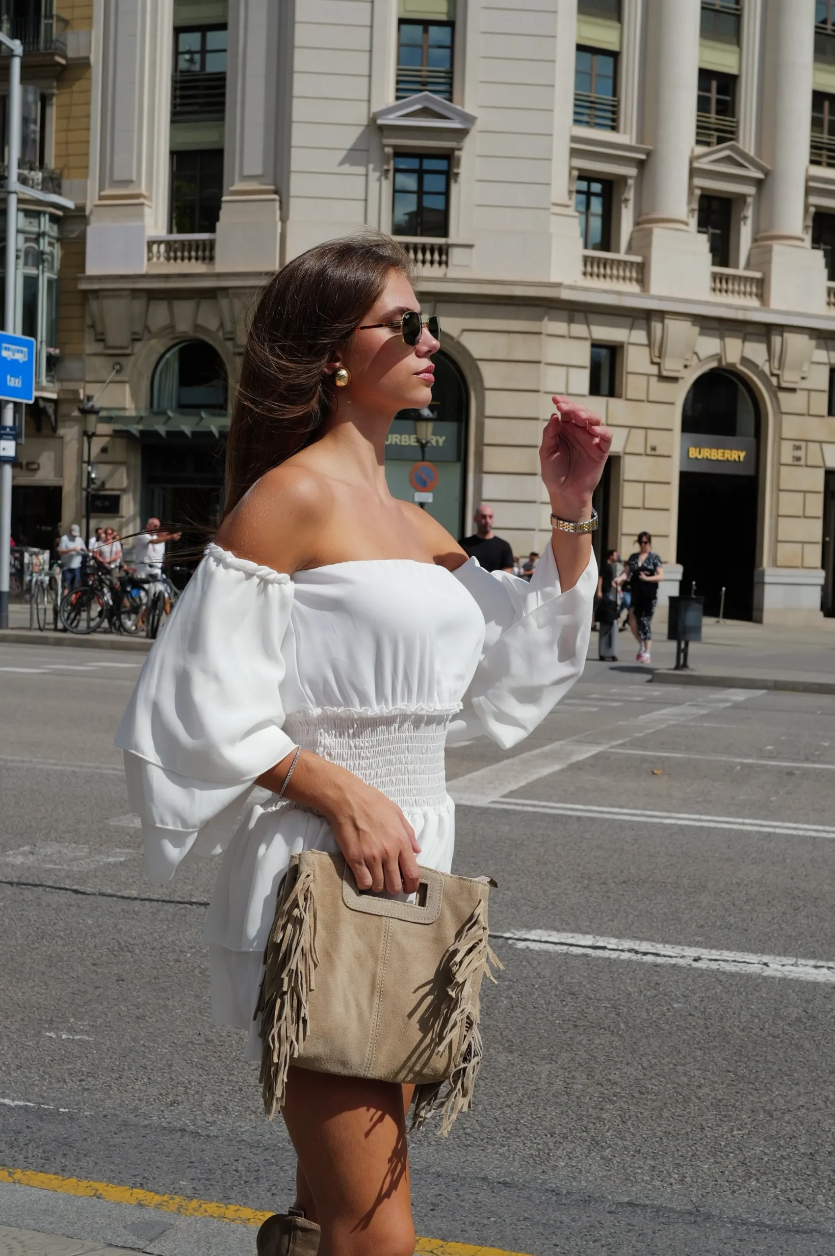 Bolso piel flecos beige