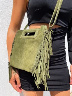 Bolso piel flecos caqui