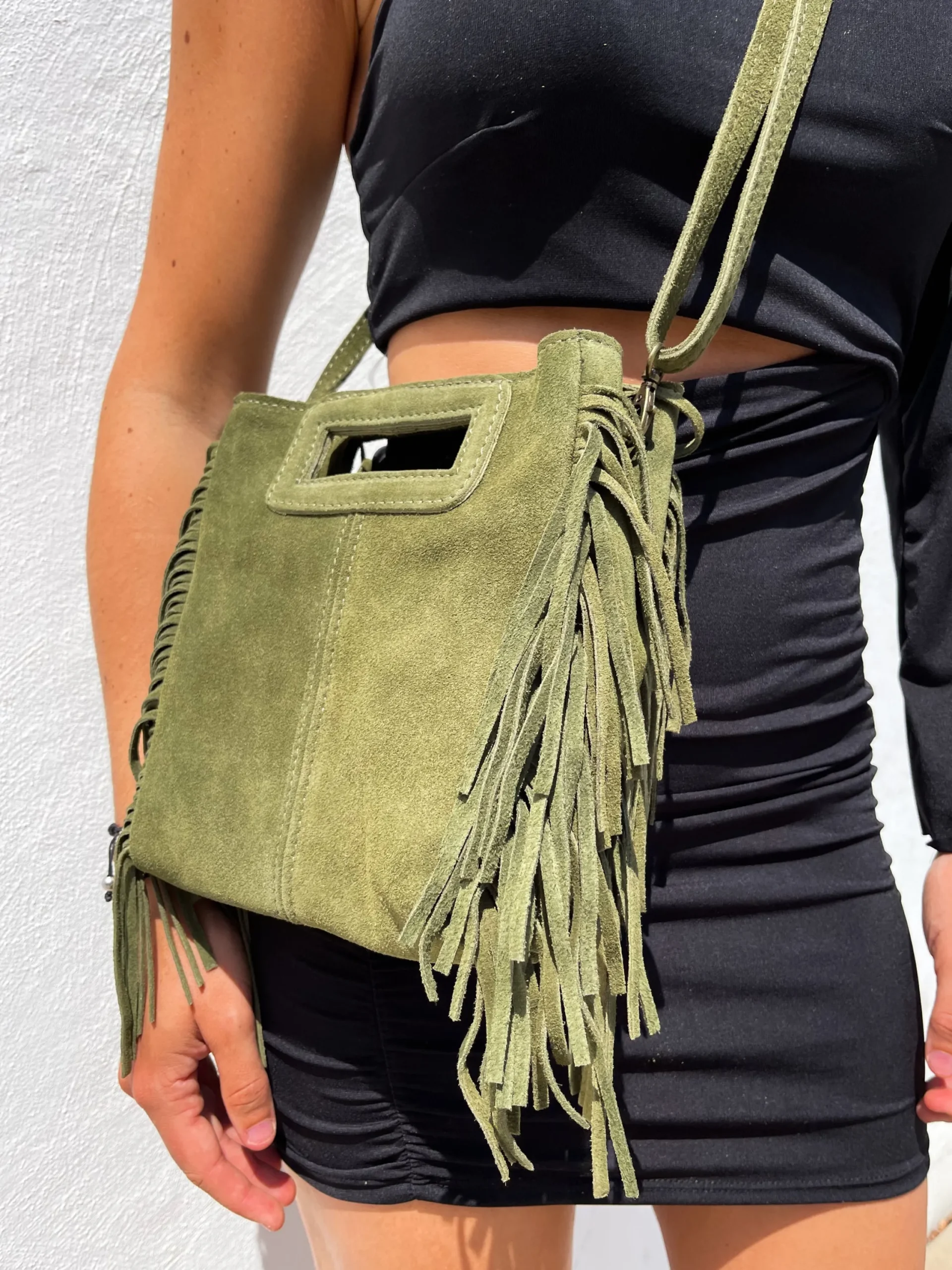 Bolso piel flecos caqui