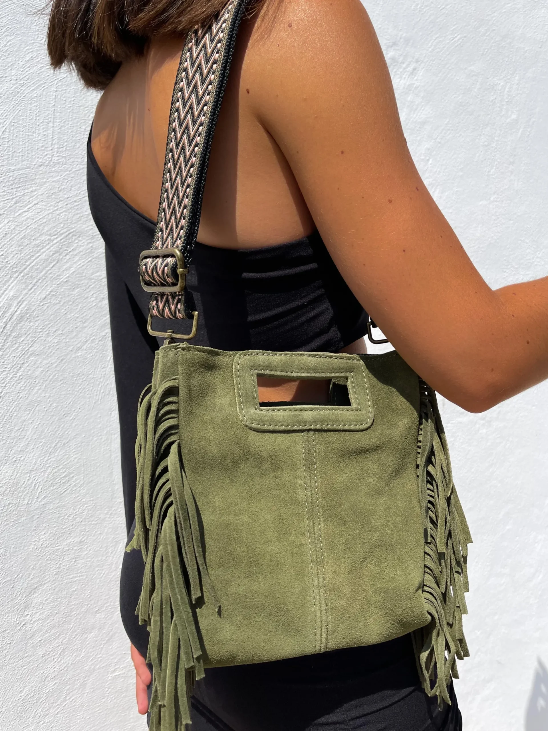 Bolso piel flecos caqui