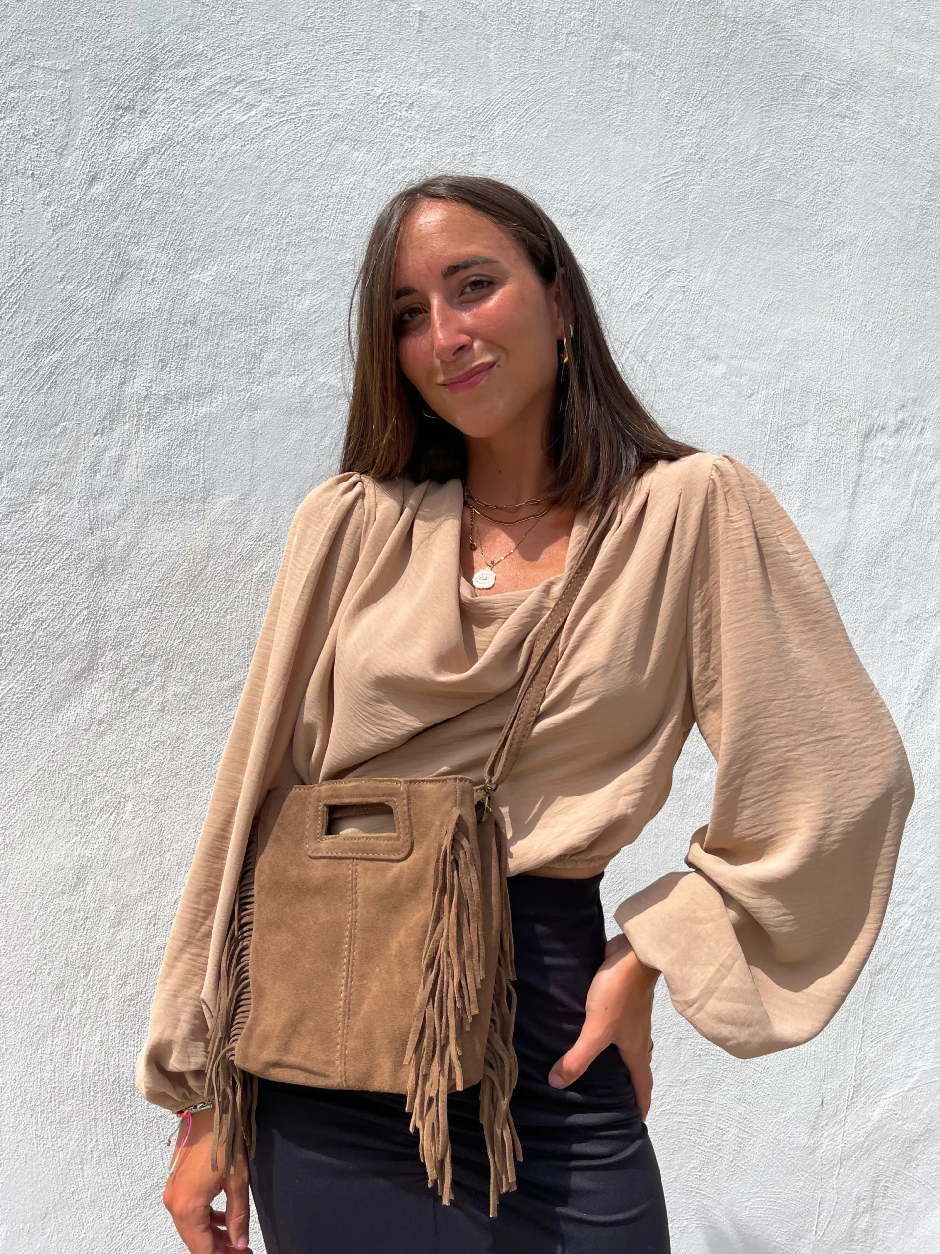 Bolso piel flecos chocolate