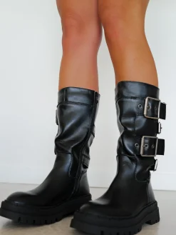 Bota biker hebillas negra
