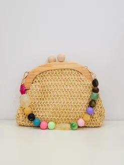 Clutch rafia abalorios beige