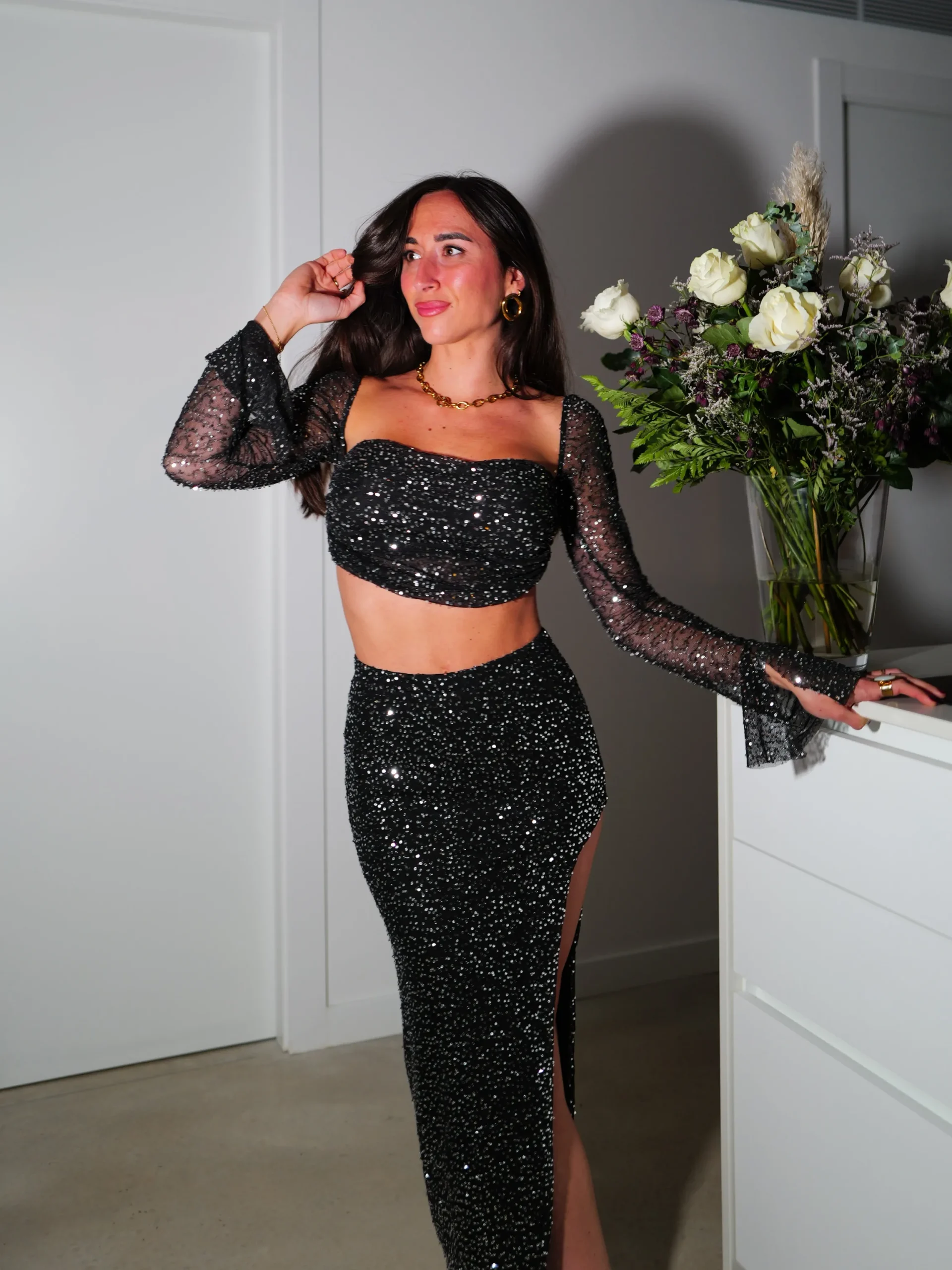 Conjunto glitter midi plata