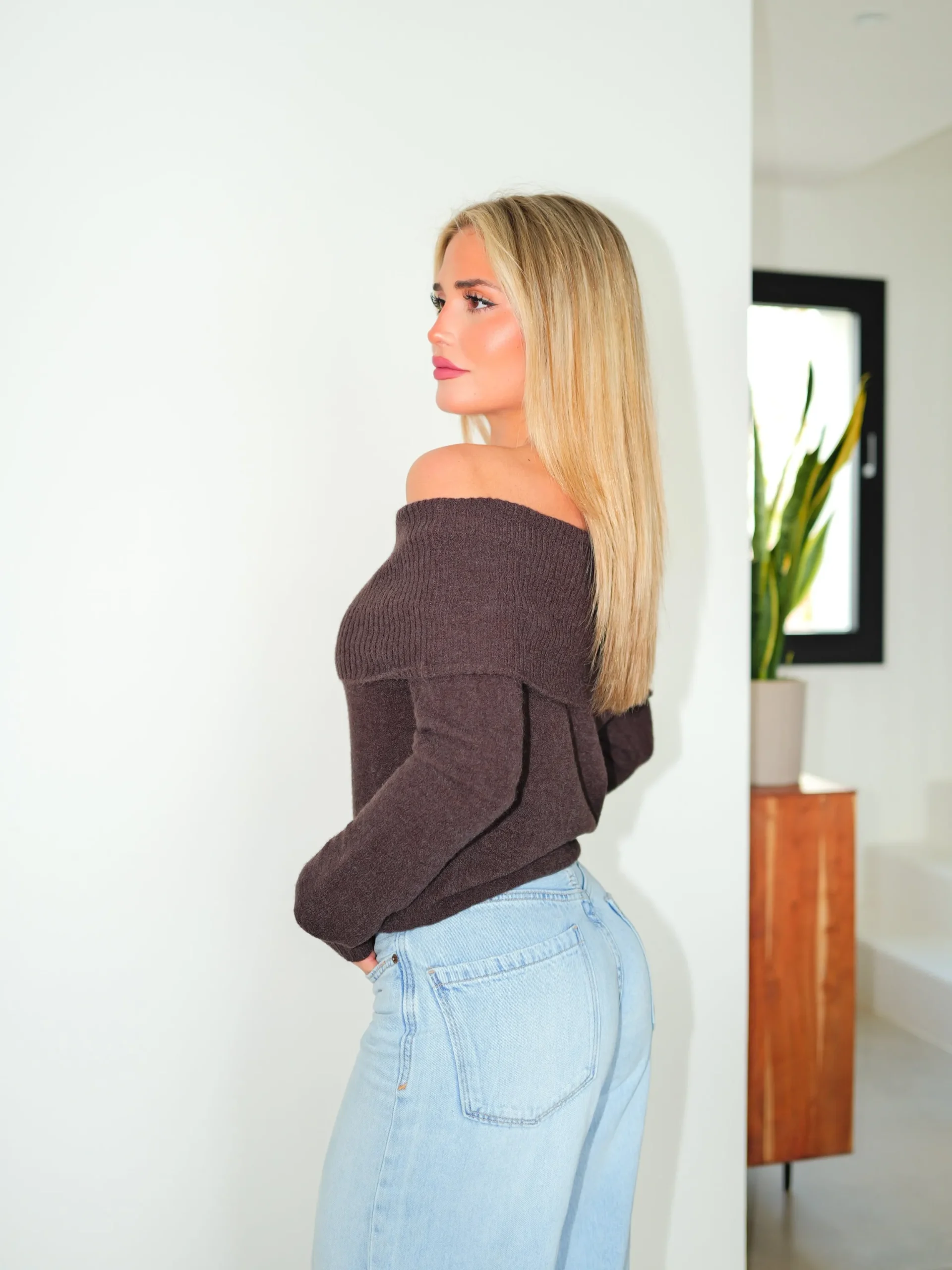 Jersey bardot mangas chocolate