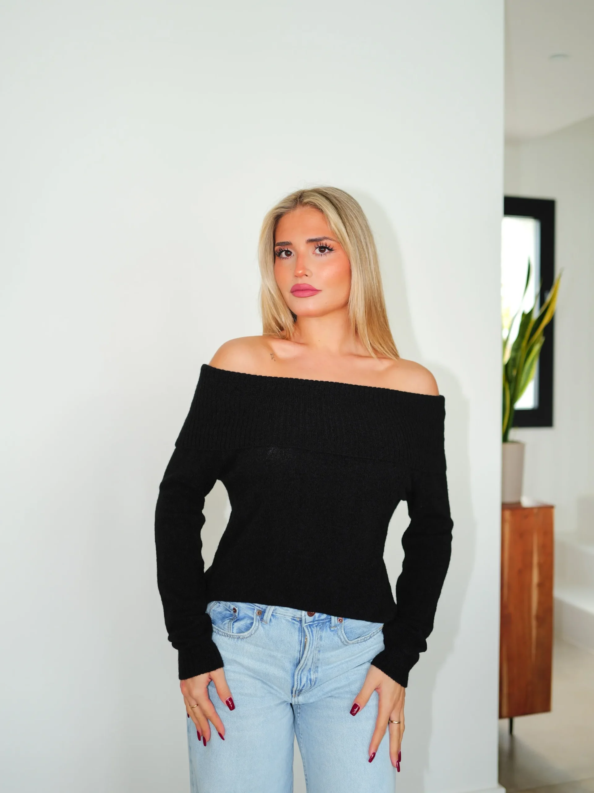 Jersey bardot mangas negro