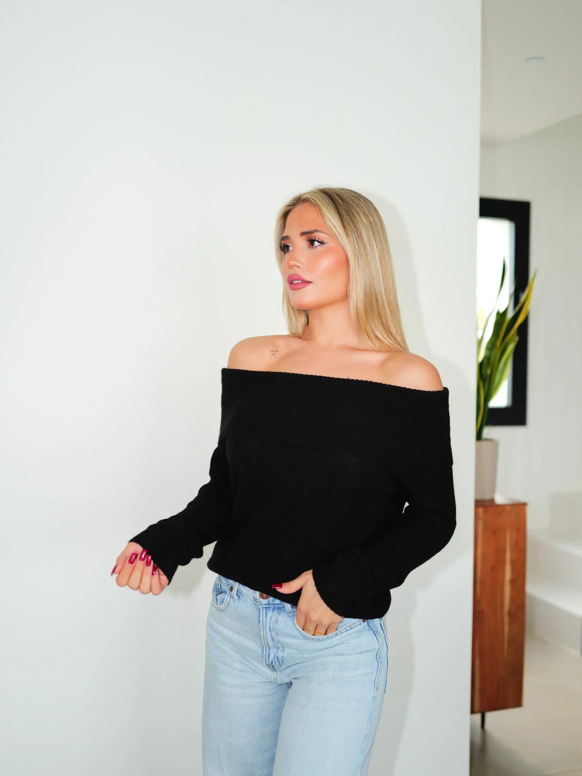 Jersey bardot mangas negro