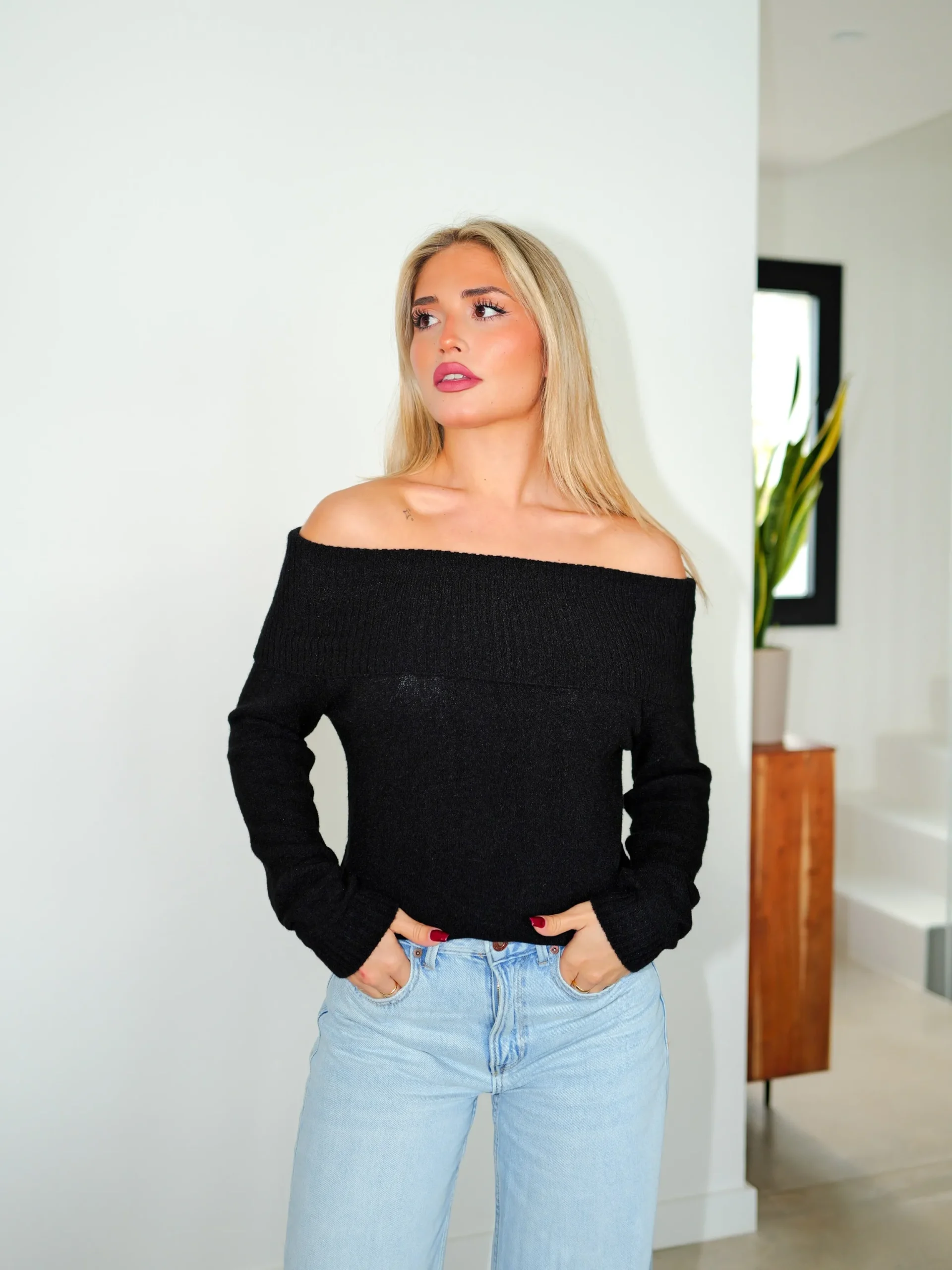 Jersey bardot mangas negro