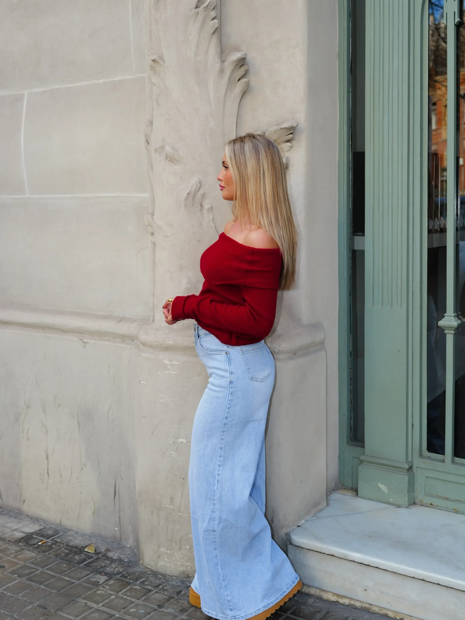 Jersey bardot mangas vino