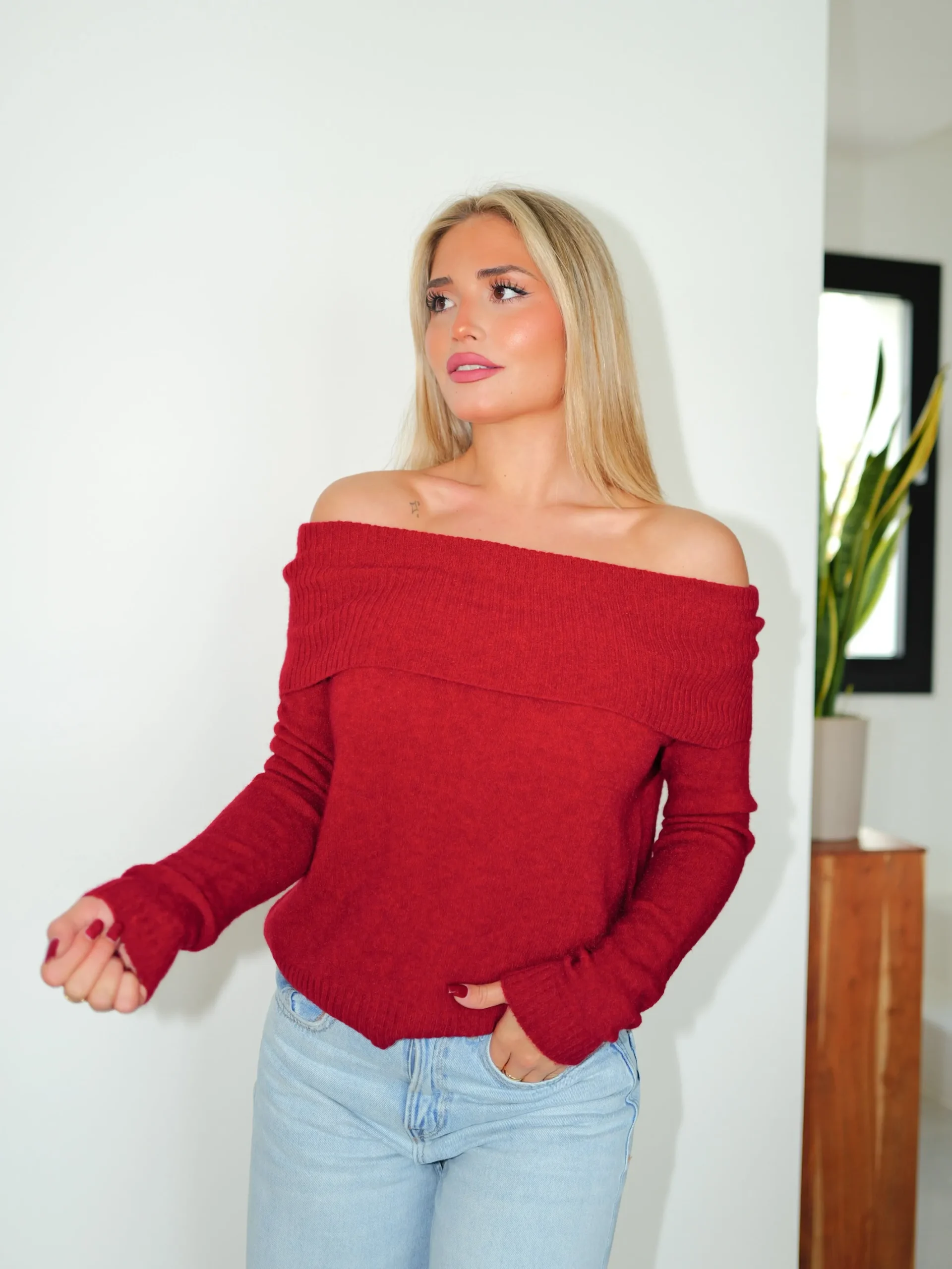 Jersey bardot mangas vino