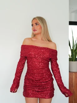 Vestido bardot glitter rojo