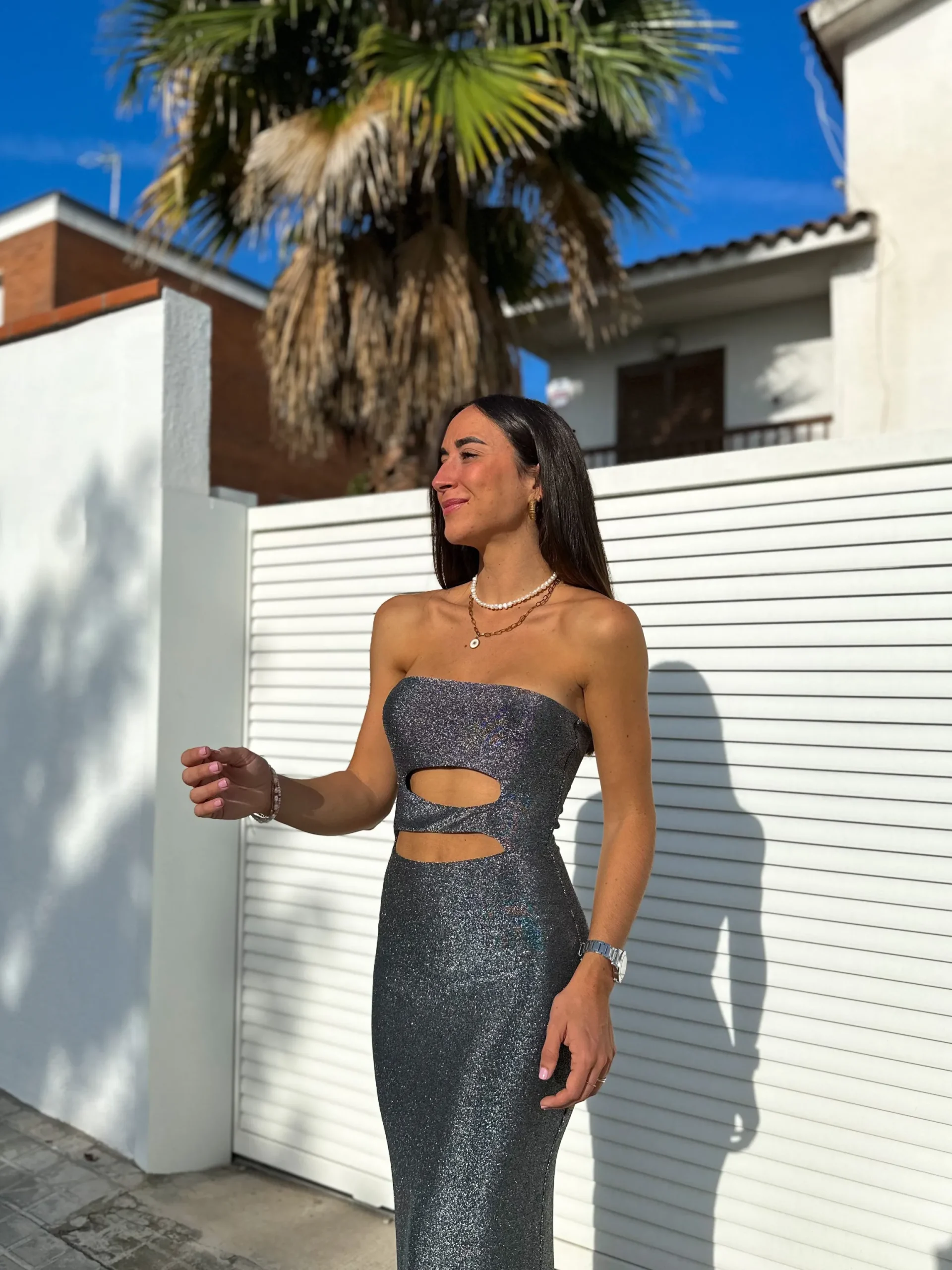 Vestido lurex aberturas plata