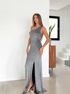Vestido lurex asim espalda nudo plata
