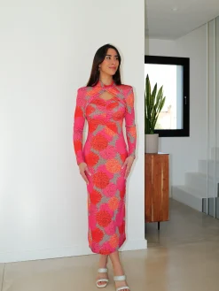 Vestido midi abertura flores rosa