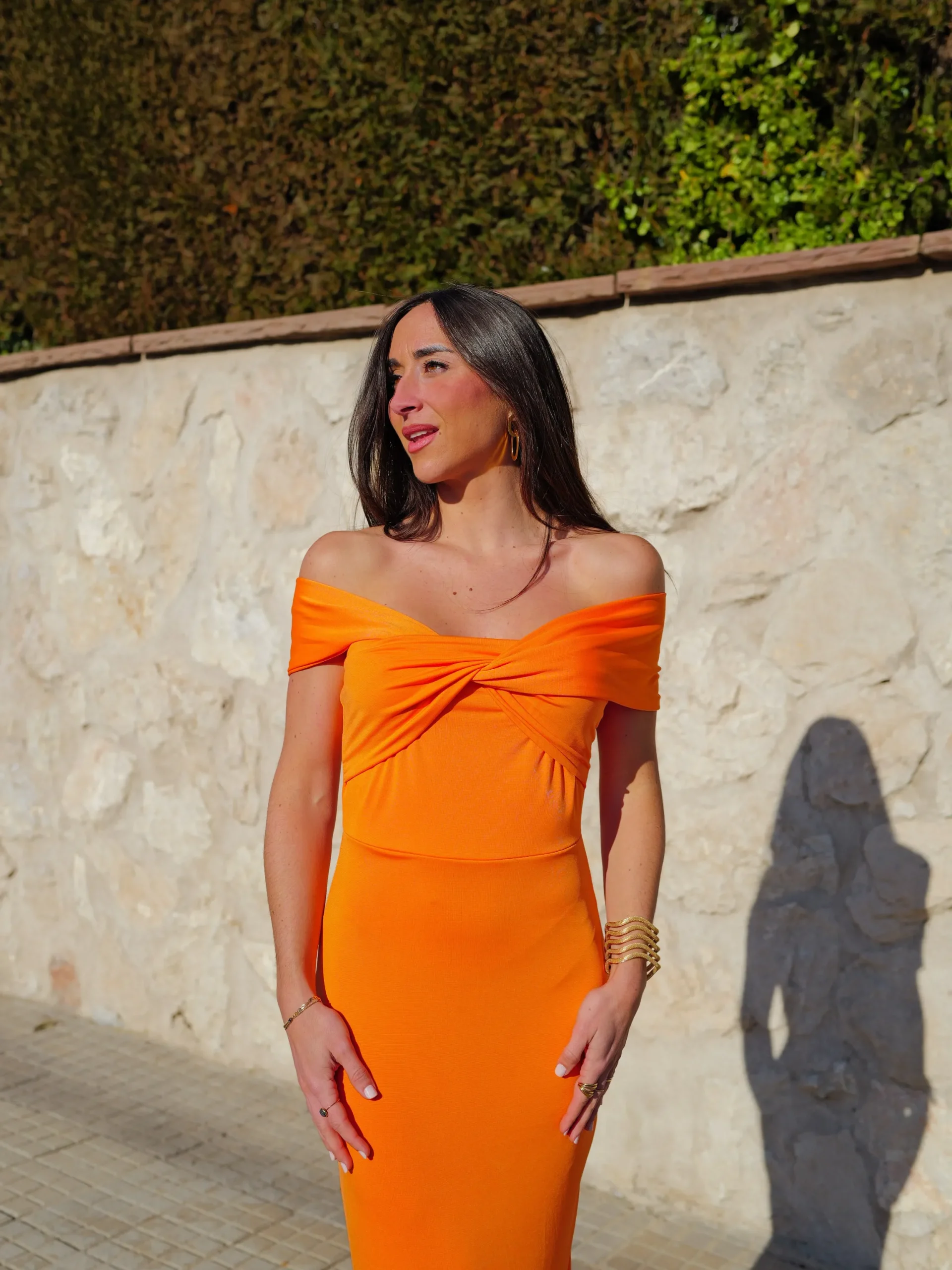 Vestido midi barco cruzado naranja