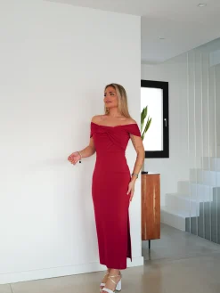 Vestido midi barco cruzado burdeos