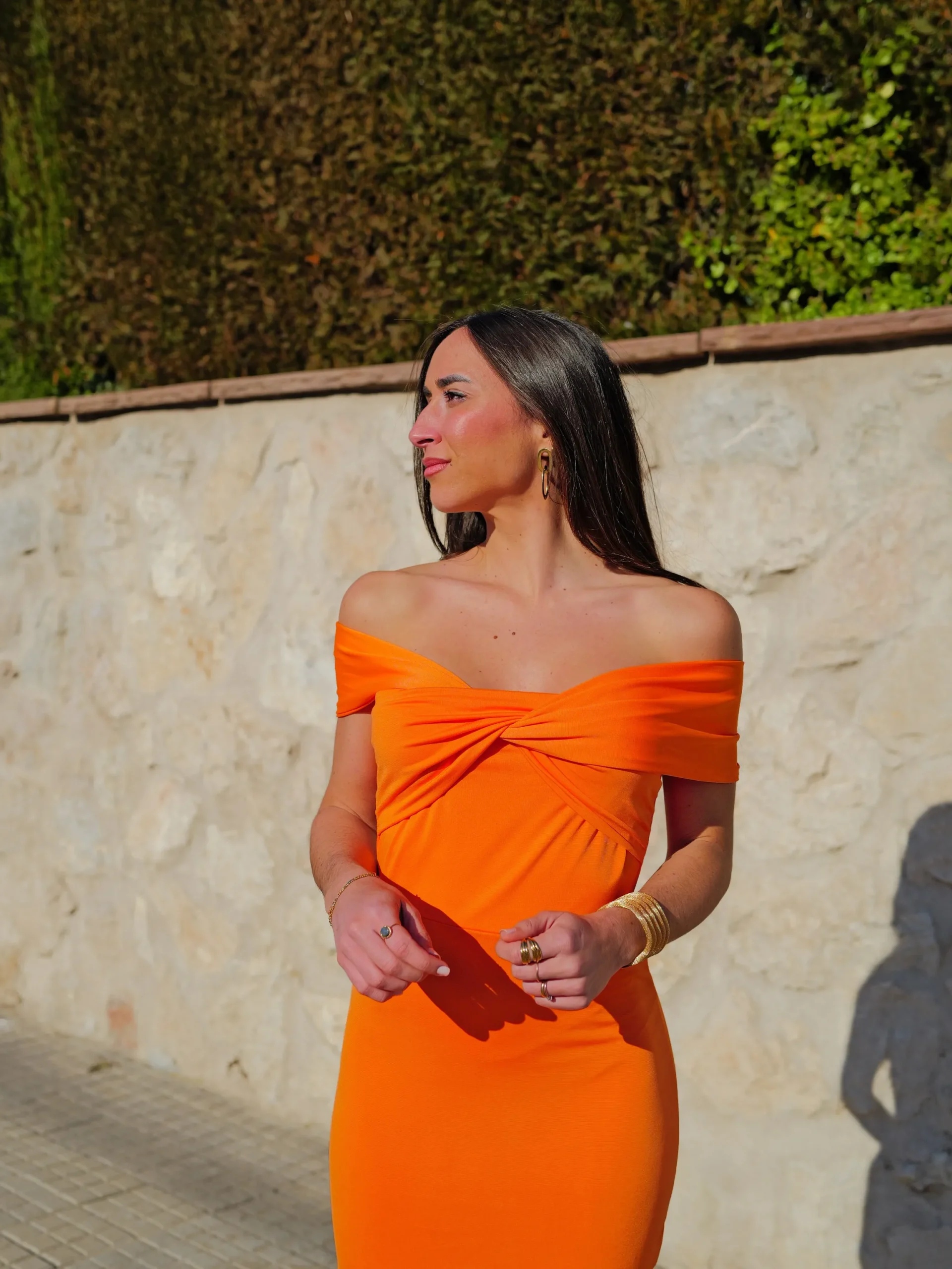 Vestido midi barco cruzado naranja