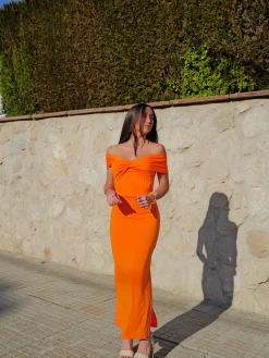 Vestido midi barco cruzado naranja
