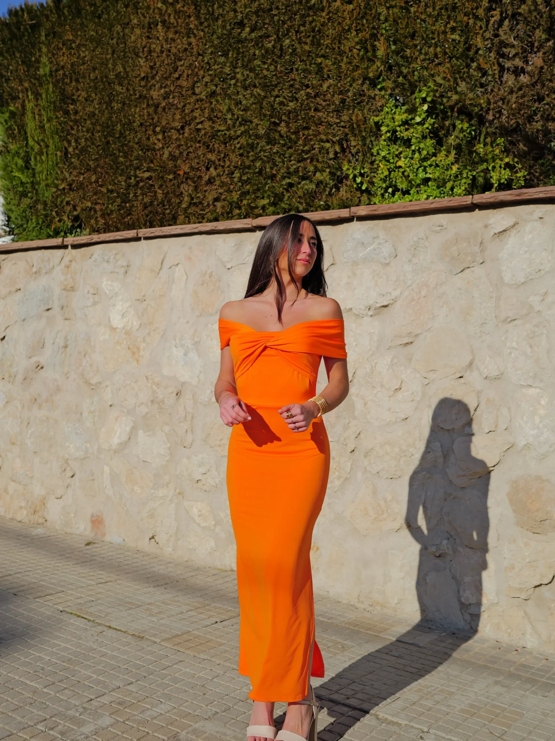 Vestido midi barco cruzado naranja