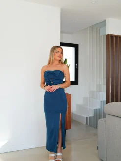 Vestido midi cut escote lazos petróleo