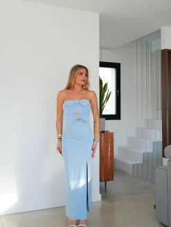 Vestido midi cut escote lazos celeste