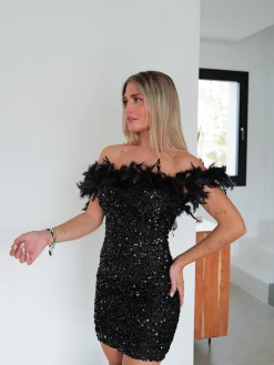 Vestido mini plumas glitter negro