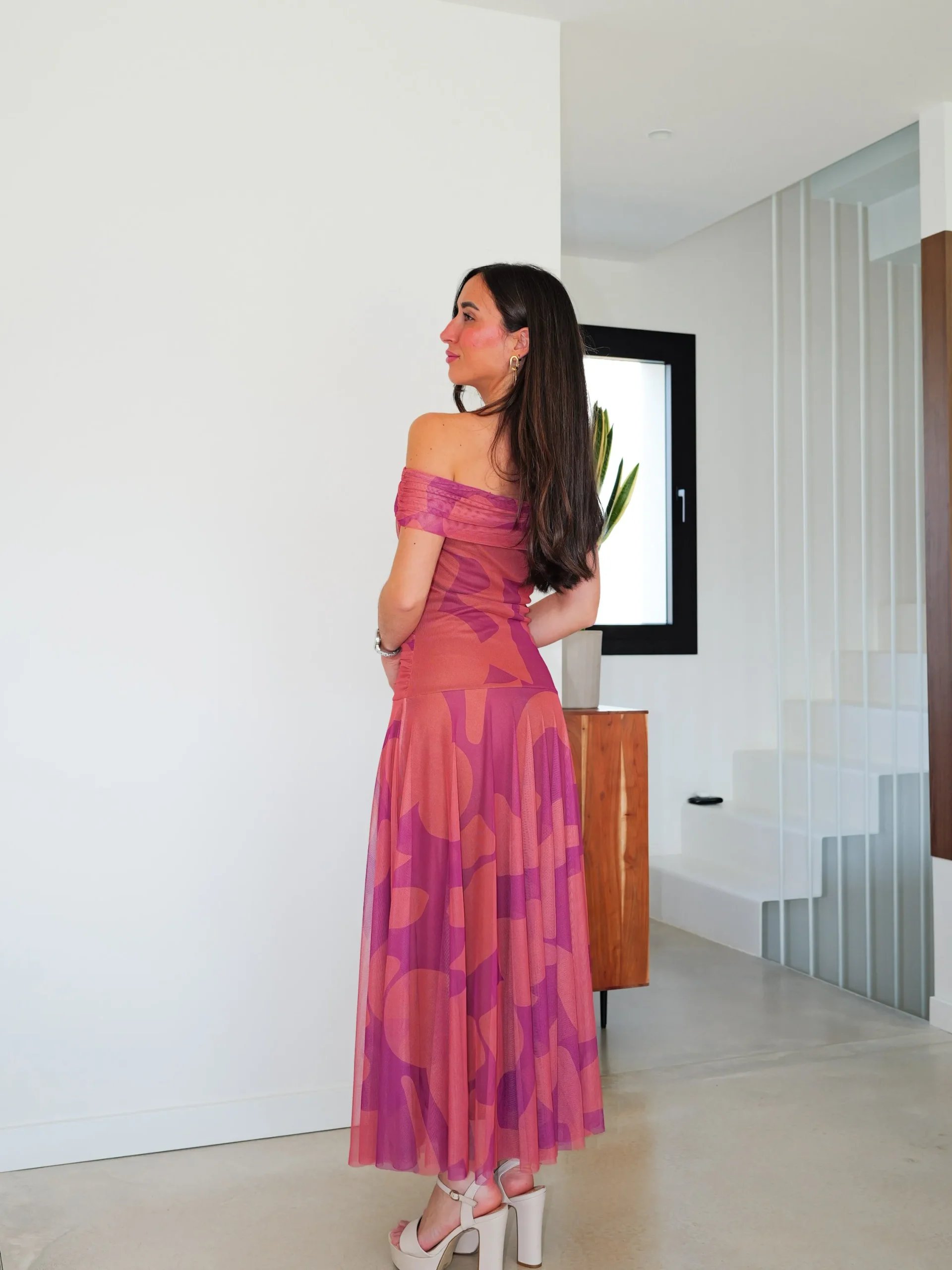 Vestido palabra estampado tulle vuelo coral