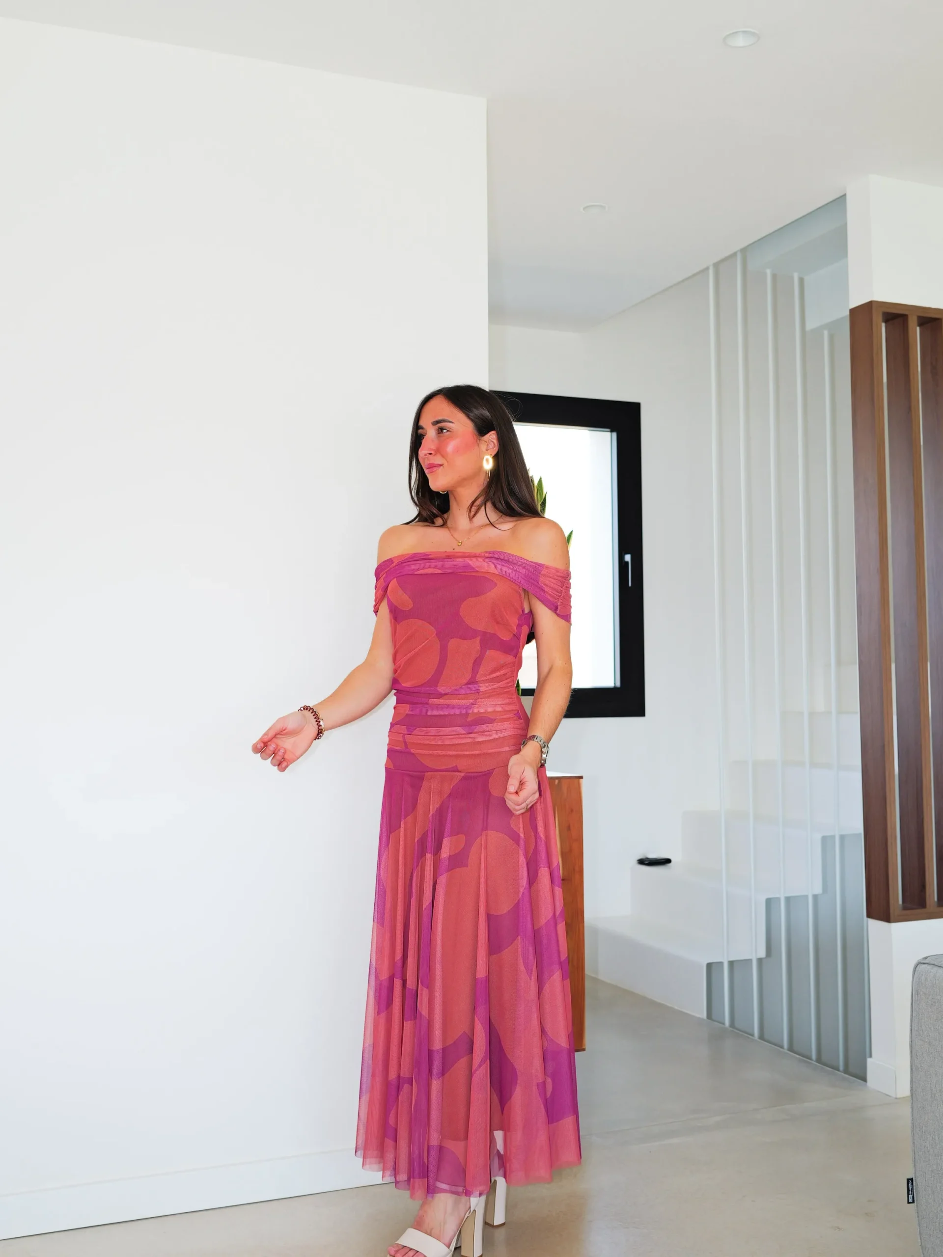 Vestido palabra estampado tulle vuelo coral