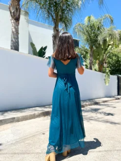 Vestido tulle manga petróleo