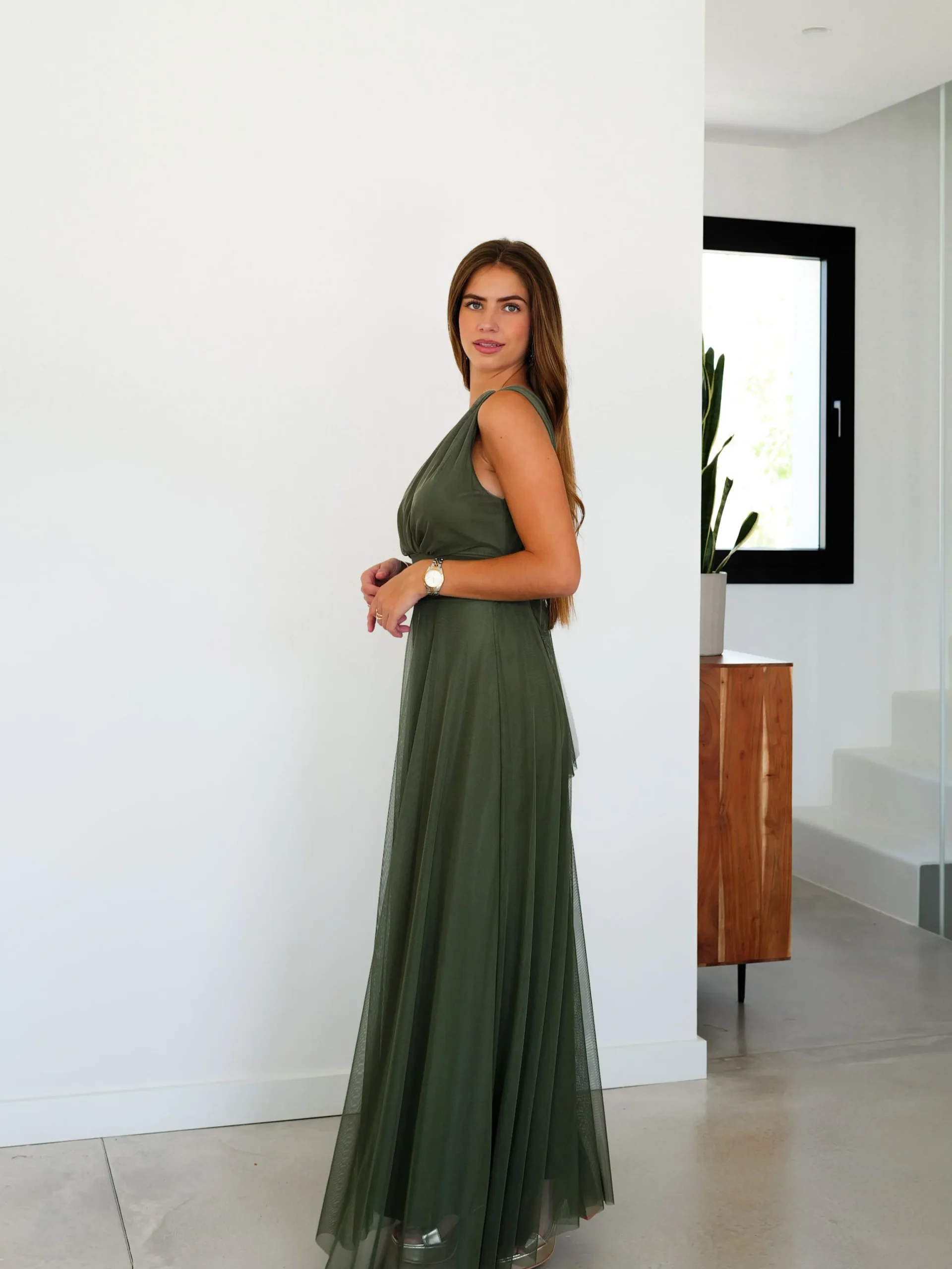 Vestido tulle pico caqui