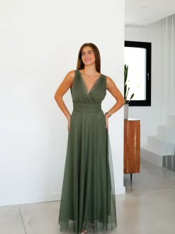 Vestido tulle pico caqui