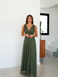 Vestido tulle pico caqui