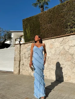 Vestido volantes crepe cielo