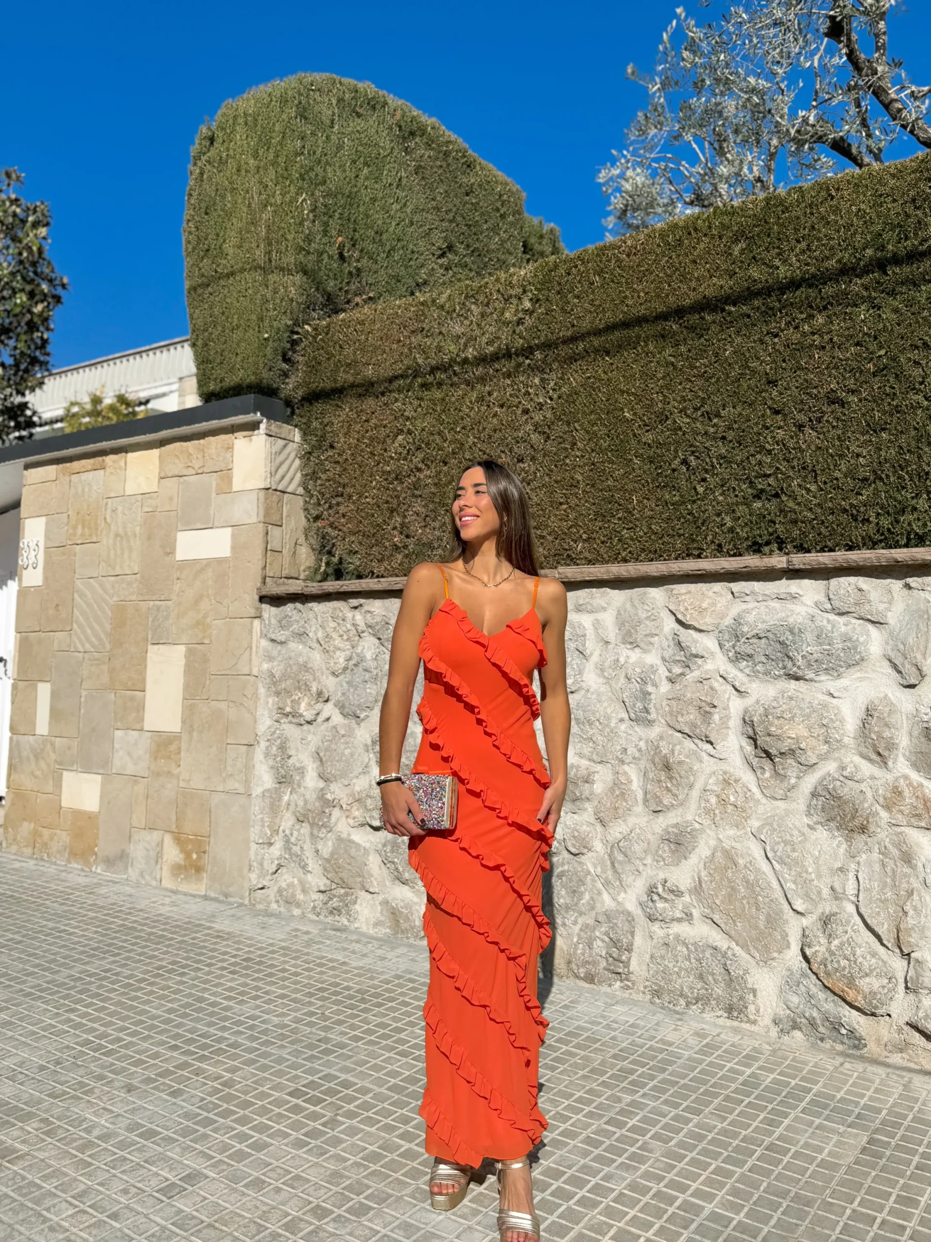 Vestido volantes crepe naranja