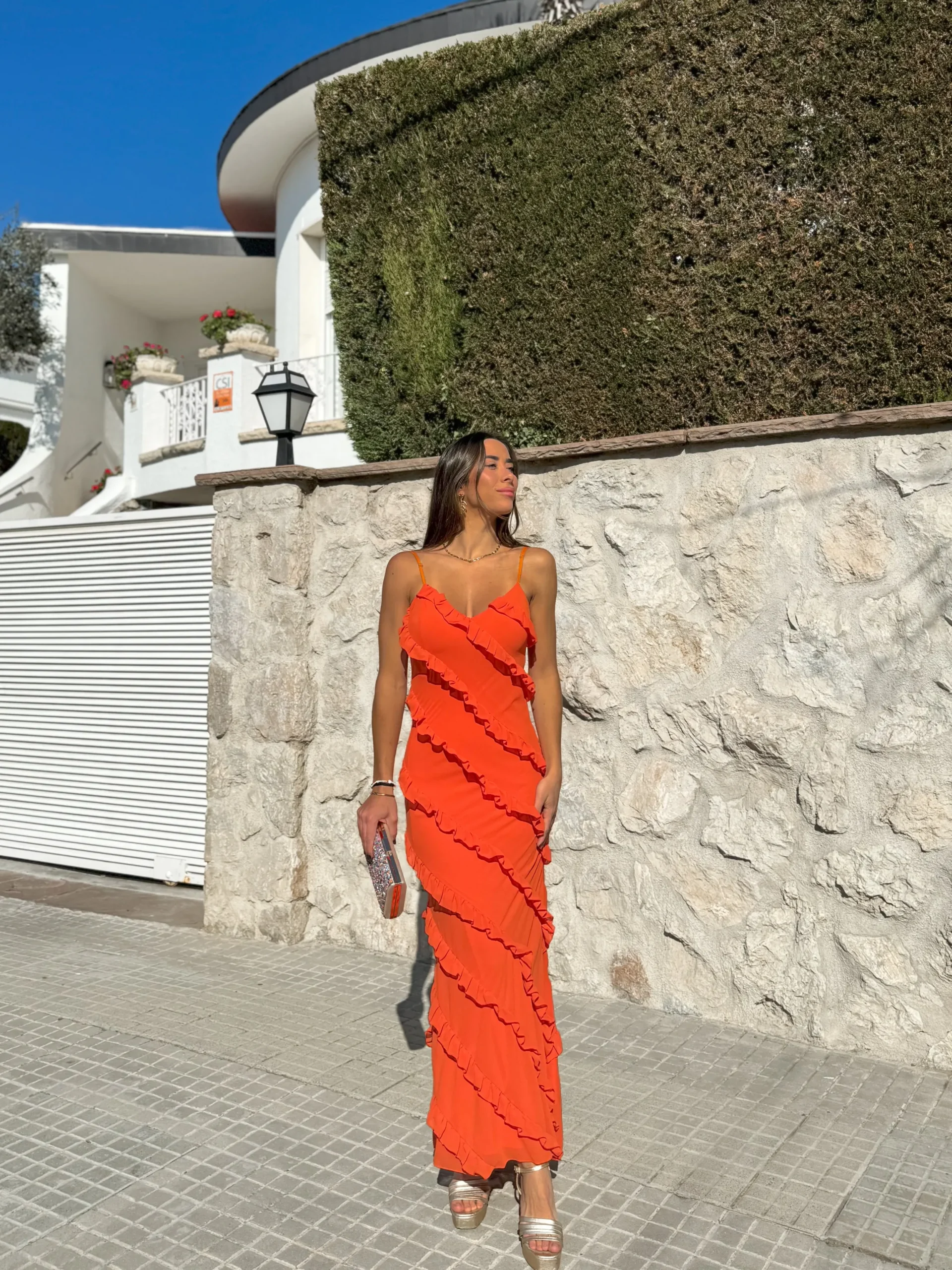 Vestido volantes crepe naranja