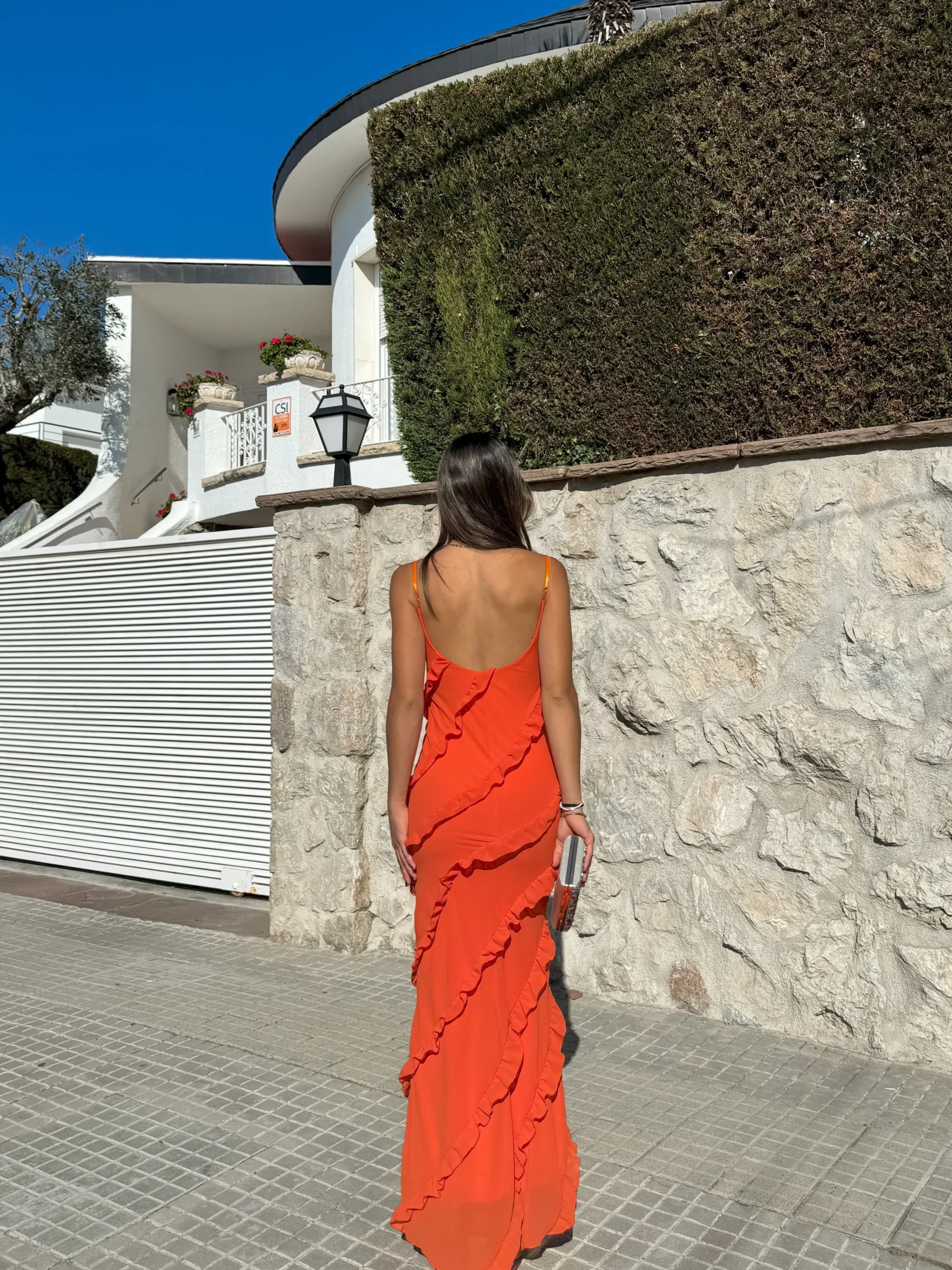 Vestido volantes crepe naranja