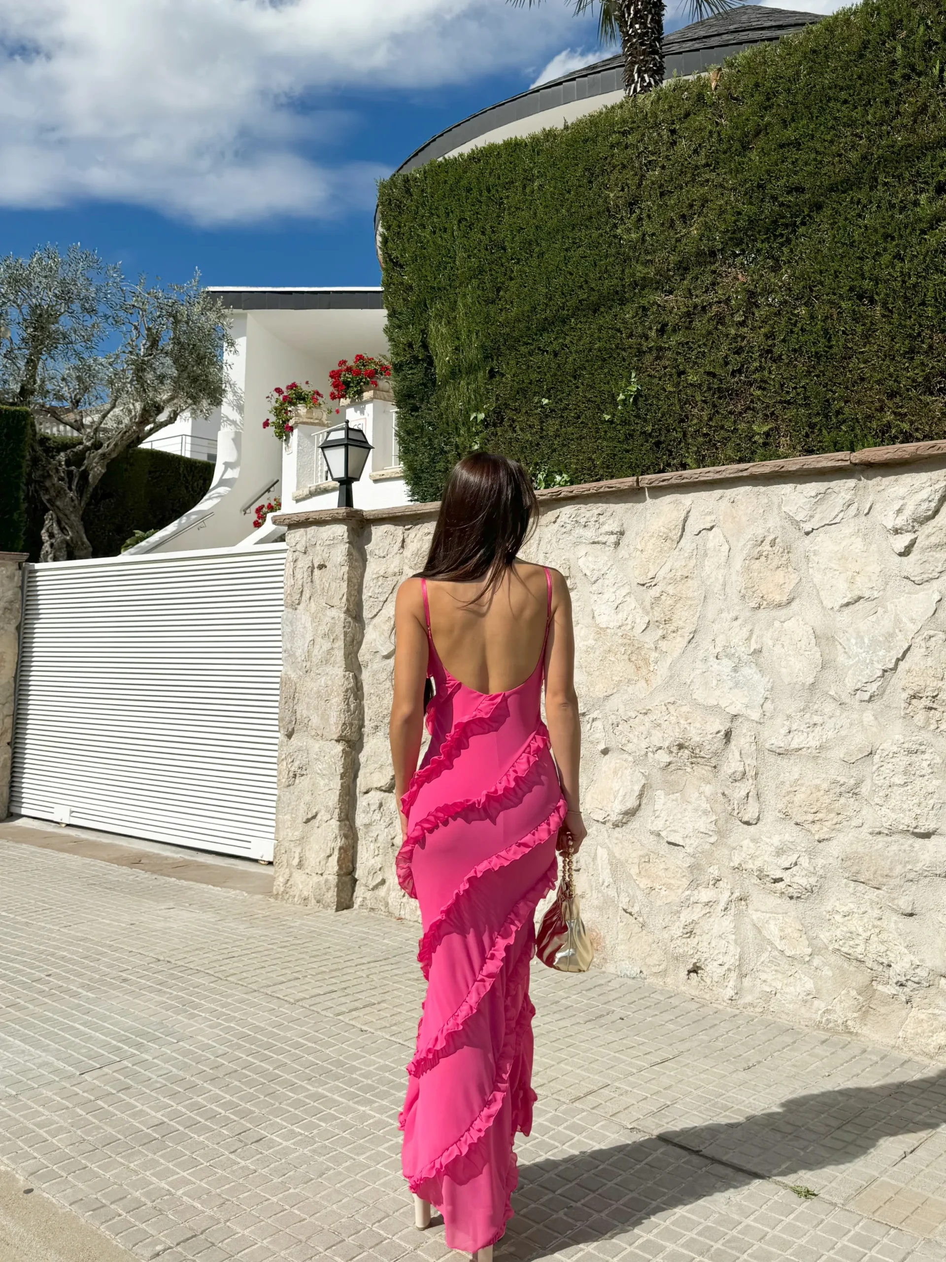 Vestido volantes crepe rosa