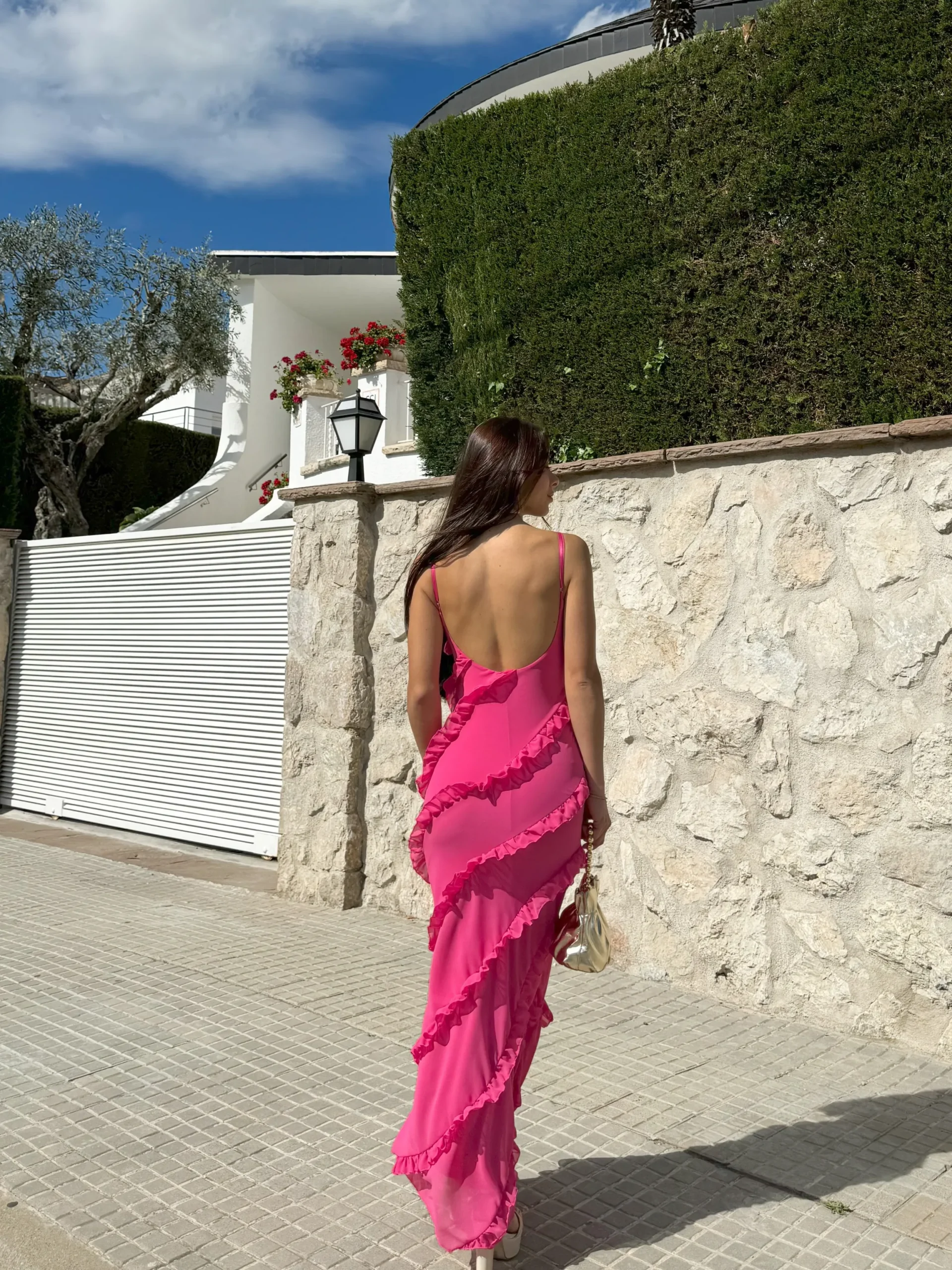 Vestido volantes crepe rosa