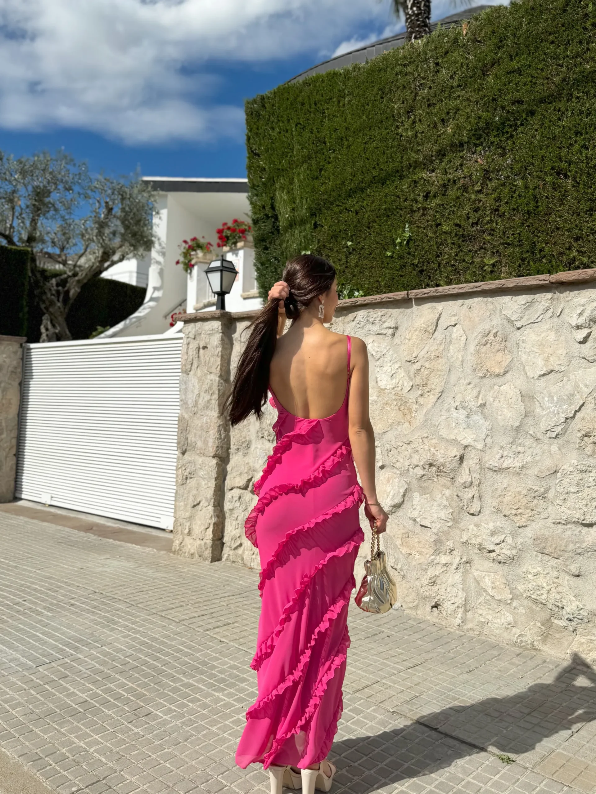 Vestido volantes crepe rosa